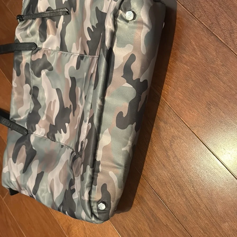 Rebecca Minkoff camouflage camo tote brown leather handles green brown pattern